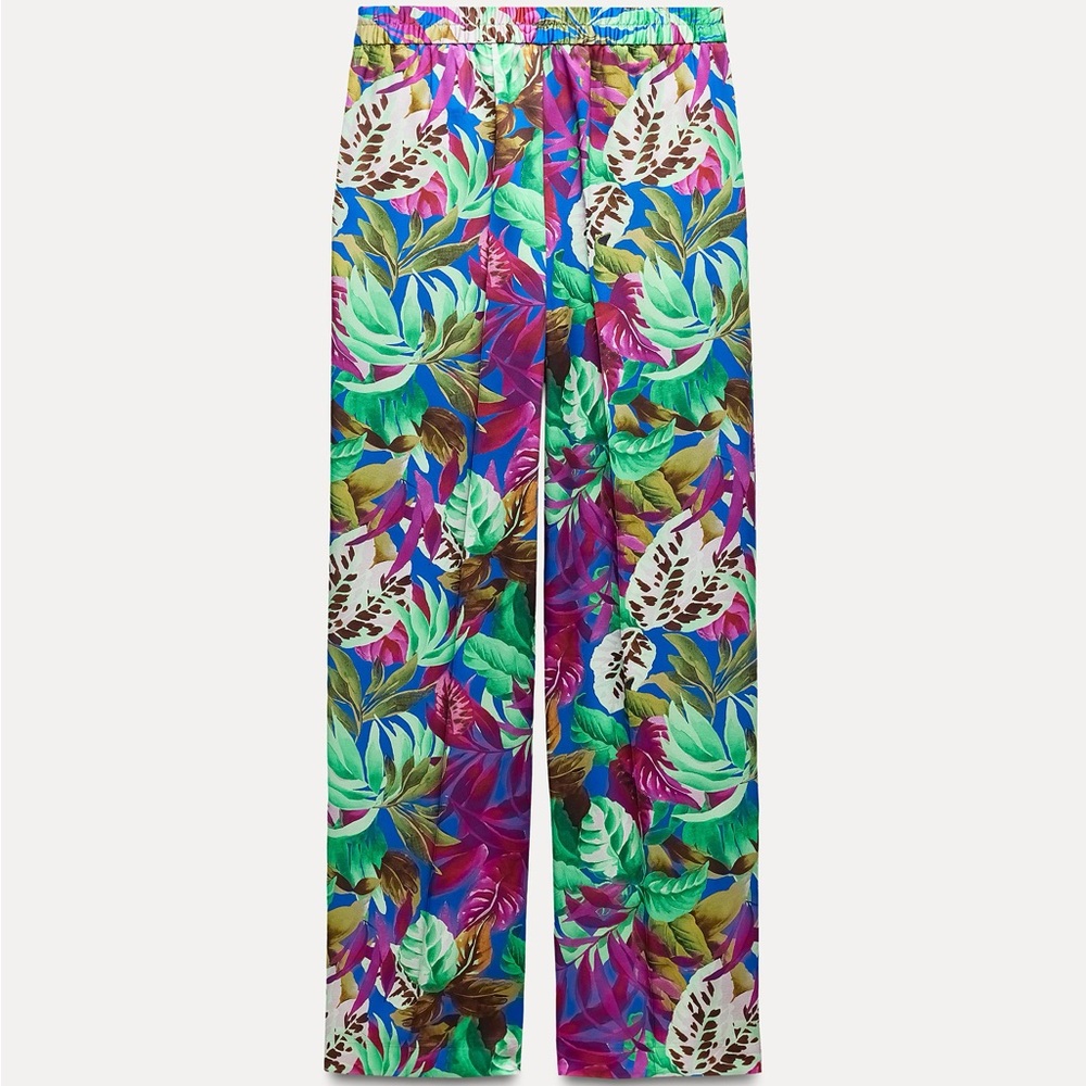 SATIN EFFECT TROPICAL PRINT PANTS